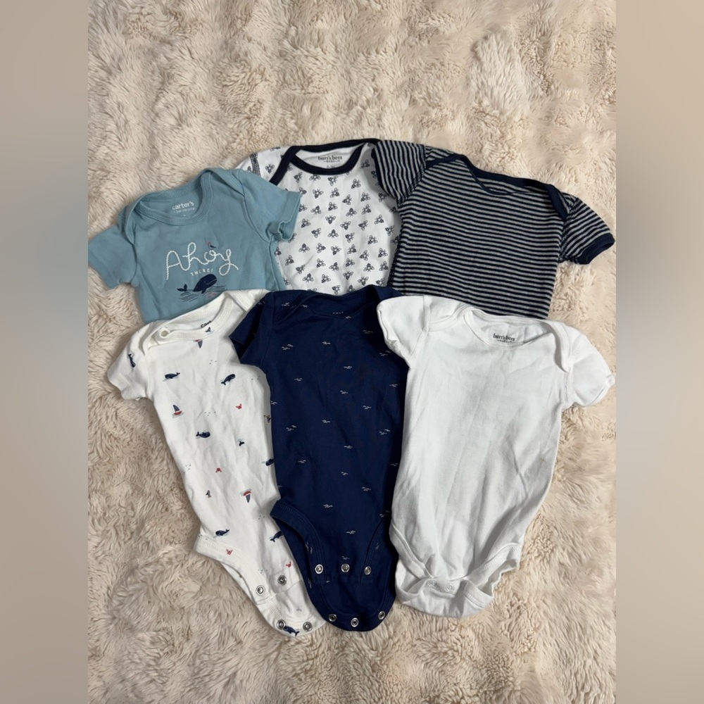 6 Piece Carter's Blue & Burt’s Bees Navy & White Baby Bodysuit Set 0-3m